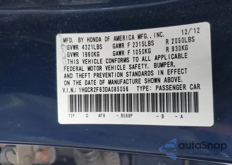 2013 Honda Accord Sdn Ex-L из США, поврежденный, VIN 1HGCR2F83DA085056